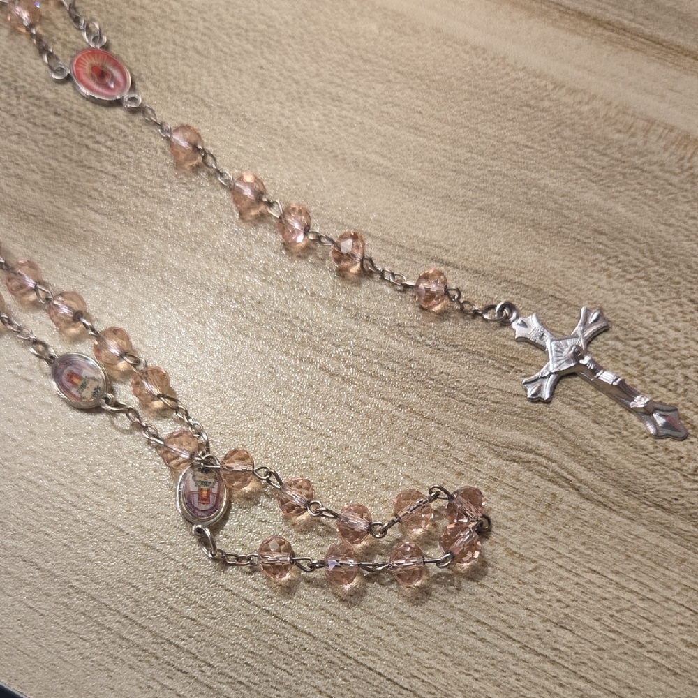 Vintage Pink Beaded Crystal And Silver Cross Rosary Necklace W Enamel Details